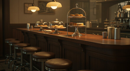 A quiet moment in a nostalgic retro cafe with empty stools along a polished wooden counter and pastries on display.