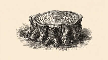 Naklejka premium Detailed Illustration of a Tree Stump with Visible Growth Rings and Textured Bark on Plain Background for Nature and Wood Related Projects