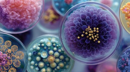 Microscopic biological structures displayed in Petri dishes, laboratory