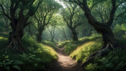 Naklejka premium Sunlit path through a mystical forest
