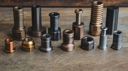 Assorted metal components arranged on rustic surface; industrial background