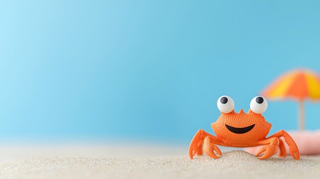 Happy orange crab toy on sandy beach with beach umbrella