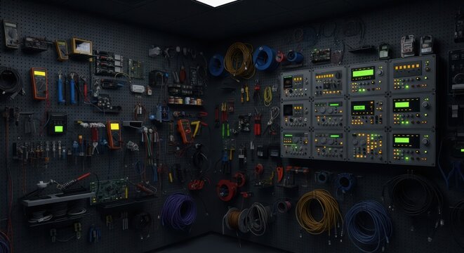 Electronics workshop filled with measuring instruments and various tools organized on a wall