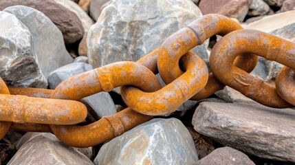 A macro shot showcasing a weathered rusty chain draped over smooth rocks with time elements its