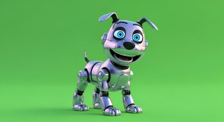Futuristic friend: A shiny robotic dog exudes charm against a green backdrop