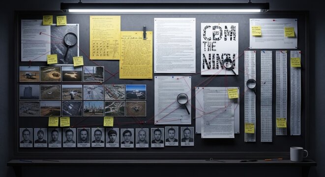 Investigative board filled with clues and leads reveals a complex conspiracy network