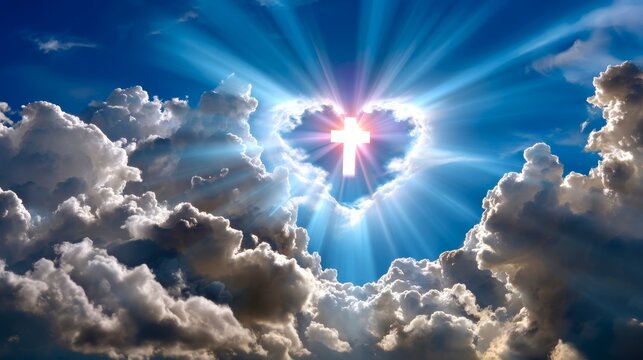 The shape of a heart with sunlight against a cloudy sky with a cross symbolizes faith and hope, as well as a sense of peace and spirituality - Powered by Adobe