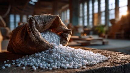 A jute bag with white granules is poured onto a wooden surface in industrial conditions.