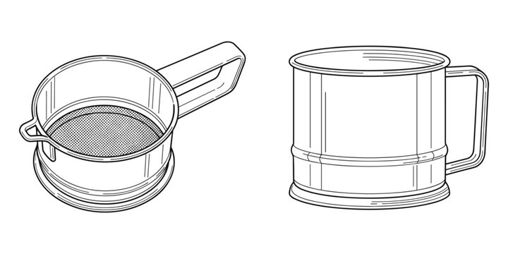 Detailed illustration of two sifter devices, kitchen utensils for baking and cooking.
