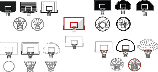 Fototapeta premium black vector various style Basketball hoop, basketball and goal, net, ring icon silhouettes set. Silhouette set of a basketball hoop with a net vector silhouette.