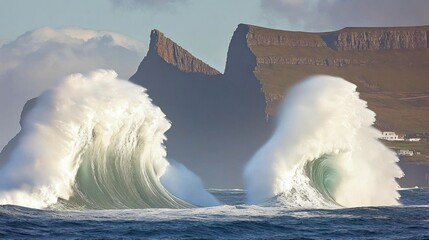 Majestic ocean waves crashing against the cliffs of the Faroe Islands beauty