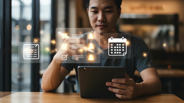 Man interacting with a holographic interface displaying tasks and calendar
