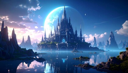 Fantasy castle on a moonlit island