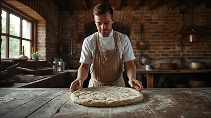 Experienced chef demonstrating the art of shaping a raw pizza dough on a wooden worktop