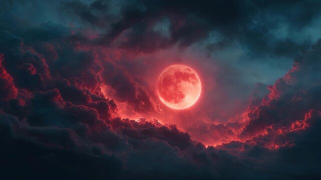 Mysterious glowing red moon in dramatic dark night sky with spooky clouds