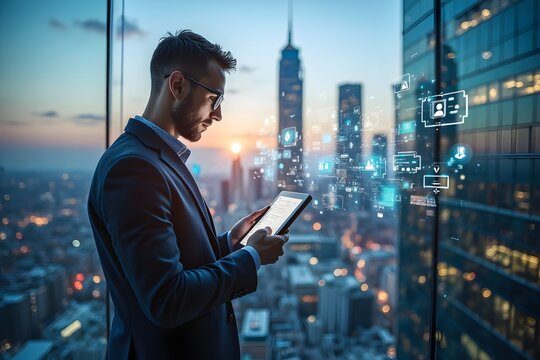 Double exposure of city and business man using digital tablet. Business concept. 3d rendering.