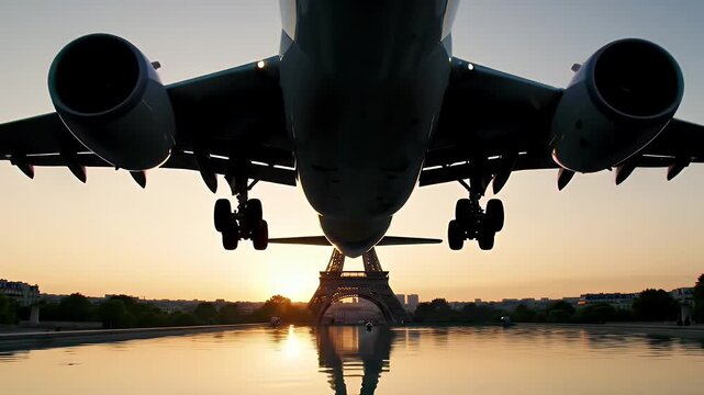 Dramatic Low Angle of Airplane Landing Over Eiffel Tower With Sunset Sky Reflected On Water in Paris France