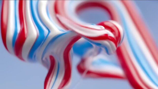 Close-up view of vibrant red, white, and blue toothpaste in flowing stripes, showcasing a smooth and glossy texture.