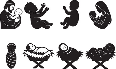 Baby Jesus nativity scene set in flat black silhouette vector design illustration bundle for Christmas
