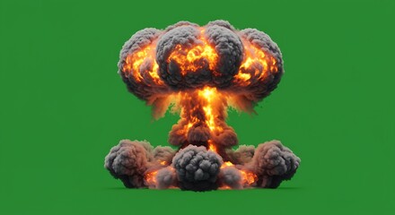 Explosive Mushroom Cloud with Fire and Smoke on Green Background