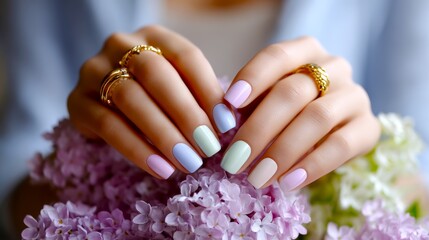 A closeup shot of a pair of hands adorned with stylish, polished nails, complemented by rings, set against a bouquet of fresh lavender flowers
