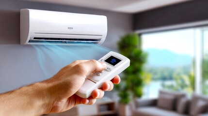 The air conditioning unit, mounted on a wall, emits cool air with a remote control, maintaining a comfortable atmosphere inside the home.