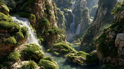 A lush, green, rocky canyon with a waterfall cascading down the side, surrounded by moss-covered rocks and a clear, flowing river below.