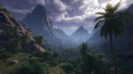 A vast, lush tropical landscape with towering mountains, palm trees, and dense foliage, under a dramatic, cloudy sky.