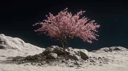 Pink blossoms on moon rocks
