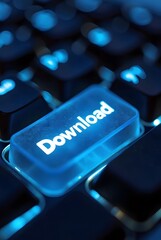 Glowing blue Download button dominates a dark keyboard, vertical composition. This striking image offers vibrant color contrast and a compelling macro perspective ideal for technology projects.