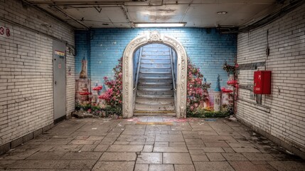 Underground tunnel with whimsical mural