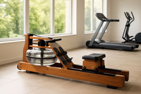Home gym with rowing machine and treadmills by large window