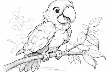 Simple black and white line art of smiling macaw sitting on branch with leaves, minimal background design for children coloring book page