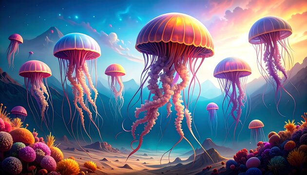 Colorful jellyfish over a desert landscape - Powered by Adobe