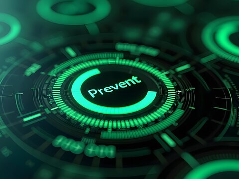 A glowing green digital interface displays the word Prevent, emphasizing proactive security measures and technological solutions, horizontal composition.