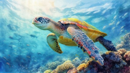 A Colorful Sea Turtle's Serene Glide Through Sun-Kissed Ocean Depths