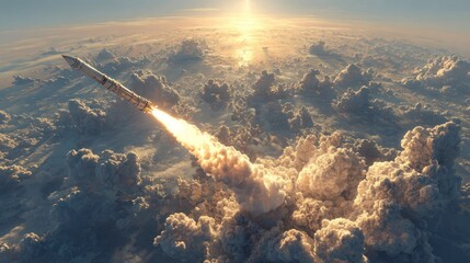 Rocket launches through clouds into the bright sun, creating a trail in the sky.