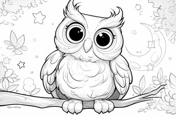 Fototapeta premium Simple black and white line art of smiling owl sitting on tree branch with moon and stars, minimal background for children coloring book page