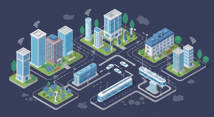 Isometric illustration of a futuristic city with interconnected buildings, roads, and vehicles utilizing green energy sources
