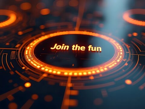 Futuristic orange glowing interface design features a vibrant circular element, horizontal composition. The central text Join the fun is illuminated, creating a dynamic and engaging composition.