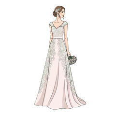 Fototapeta premium Stunning bride wearing elegant lace wedding gown, holding delicate bouquet, vector illustration perfect for wedding invitations, bridal designs, and romantic themes
