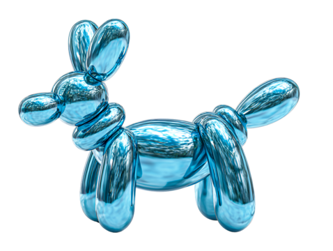 Shiny Blue Balloon Dog Sculpture with Glossy Finish, Front View, Isolated on Transparent Background