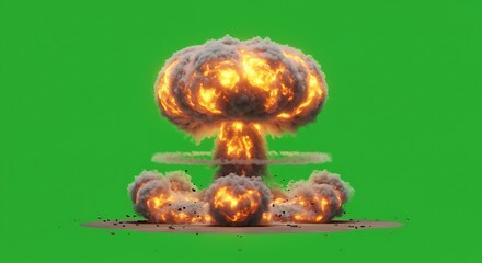 Fototapeta premium Explosive Nuclear Explosion with Fire and Smoke on Green Screen Background