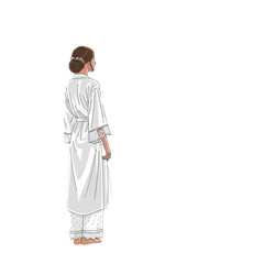 Elegant bride in white robe looking forward with anticipation, ready for her special day, showcasing calmness and excitement, originally a scalable vector graphic