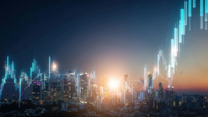 Illuminating financial growth overlaying a bustling cityscape during sunrise, representing market expansion and economic progress, a stunning view. - Powered by Adobe