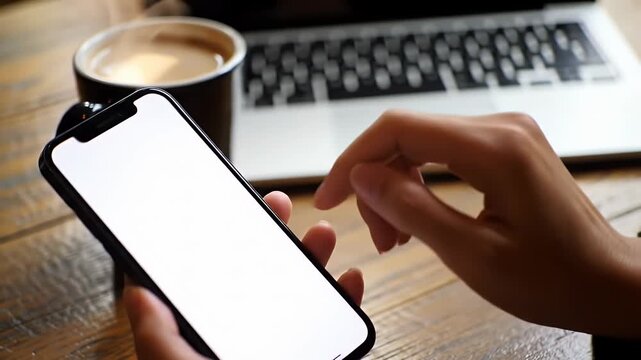 Close Up of Person Using Mobile Phone with Blank Screen on Wooden Table with Laptop and Coffee Cup for Digital Media