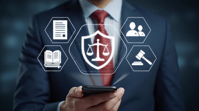Close Up Of Businessman Holding Smartphone with Legal Service Icon Shield Scale Symbol Over Blue Background In Dark Suit And Red Tie