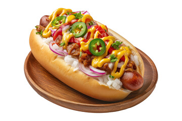 Colombia Perro Caliente Hot Dog Colombiano topped with mustard, red onions, pickles, chili, tomatoes on wooden plate, isolated on white transparent background, concept of fast food and street cuisine