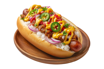 Colombia Perro Caliente Hot Dog Colombiano topped with mustard, red onions, pickles, chili, tomatoes on wooden plate, isolated on white transparent background, concept of fast food and street cuisine