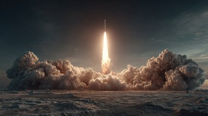Rocket taking off from ground against cloudy sky